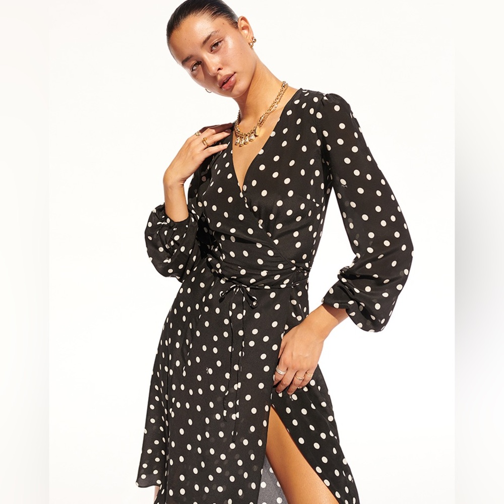 Realization par wrap dress size XS black with white polka dots